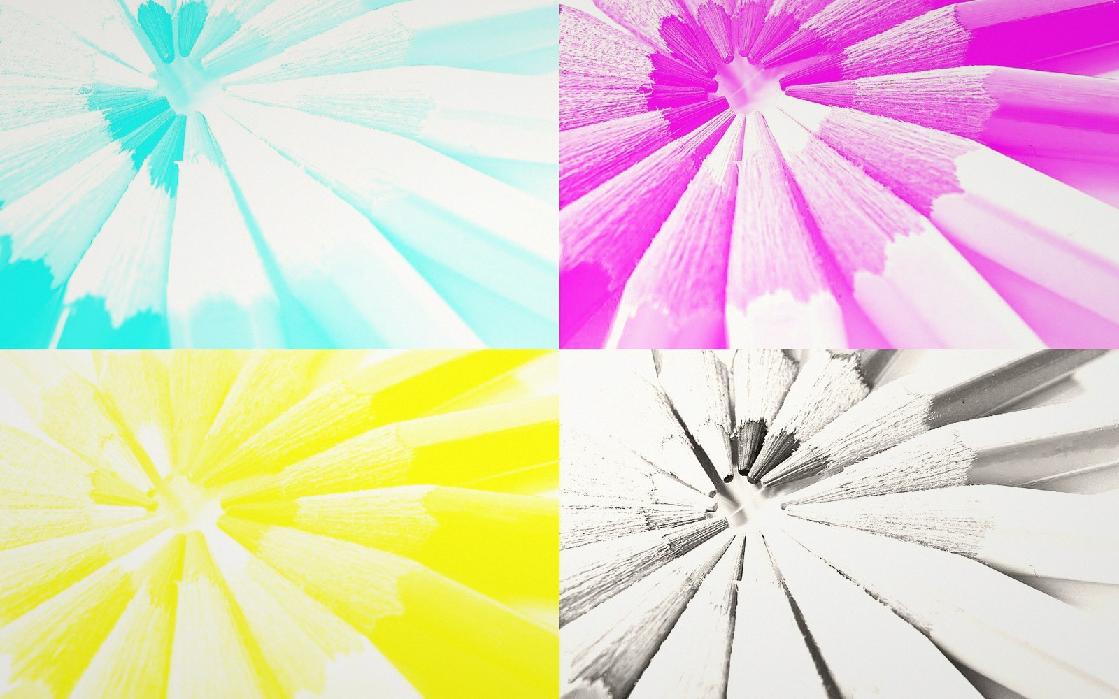 Four-panel grid showing cyan, magenta, yellow and black pencil tips arranged in radial starburst patterns