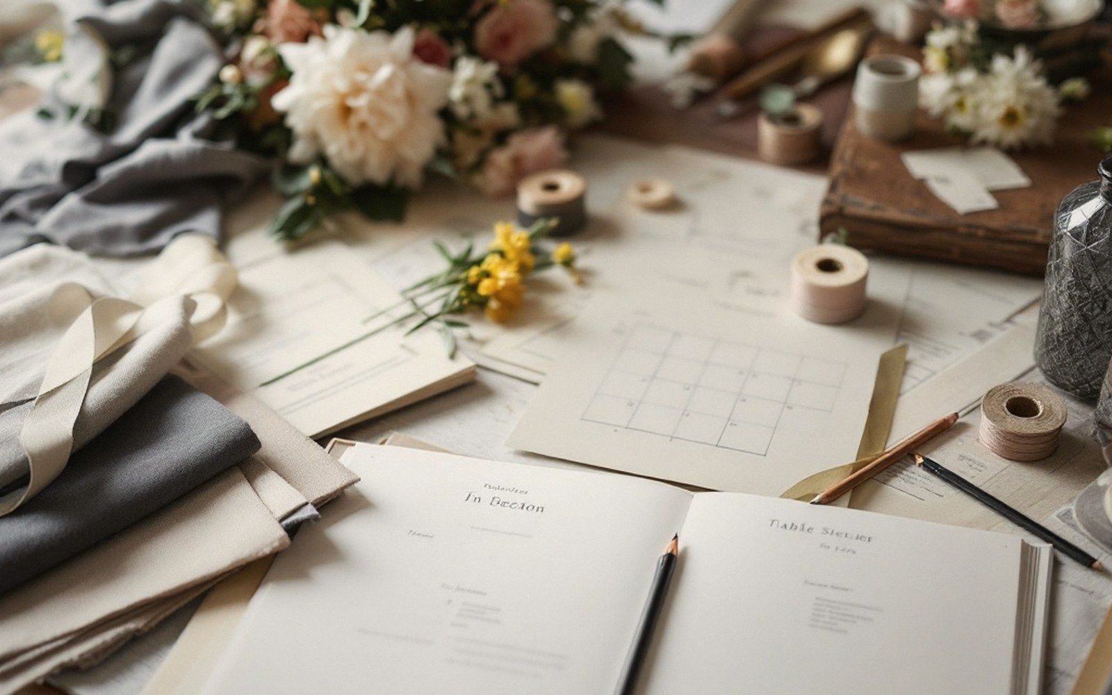 Wedding planning table with open notebook, seating chart grid, ribbon spools and flowers
